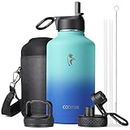 Coolflask Insulated Water Bottle 64 oz 2 Liters 1900ml with Straw & 3 Lids, Half Gallon Water Jug Large Metal Stainless Steel Wide Mouth, BPA-Free Keep Cold 48H Hot 24H, Pacific Prince