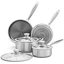Wodillo Hybrid Nonstick Pots and Pans Set, 7 Pcs Stainless Steel Kitchen Cookware Sets, Premium Triply Induction Cooking Set w/Frying Pans & Saucepans, Dishwasher Safe, Compatible with All Cooktops