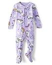 The Children's Place Baby Girls' and Toddler Long Sleeve Zip-Front One Piece Footed Pajama Snug Fit 100% Cotton, Lavender Rainbows, 6-9 Months