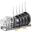 PanPanPal Expandable Pans and Pots Lid Organizer Rack for Cabinet - Rubber-dipped Pan Organizer Rack for Kitchen Cabinet Organizers and Storage with 10 Adjustable Dividers and Anti-scratch Strip