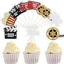 SYKYCTCY 30 Pack Movie Theater Cupcake Toppers Glitter Night Roll Camera Popcorn Cupcake Picks Hollywood Theme Baby Shower Kids Birthday Party Cake Decorations Supplies
