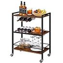 Bar Cart, 3-Tier Serving Wine Cart, Kitchen Cart with Wine Rack and Cup Holder, with Freely Rotating and Lockable Wheels, Bar Carts for The Home,Dining Rooms, Living Room, Garden, Party, Bar