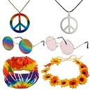 70s Hippie Costume Accessories Set (6 Pack), 2pcs Necklaces Tie Headband, Sunglasses, Groovy Party Jewelry Outfit Accessories