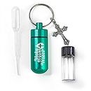 Catholic Holy Water Bottle, Turquoise Keychain Container Kit with Plastic Eyedropper and Small Glass Vial with Screw Top Metal Keyring Holder with Crucifix Cross Pendant, Botellas Para Agua Bendita