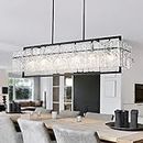 Modern Rectangle Black Crystal Chandeliers for Dining Room, 42" Large Rectangular Water Ripple Glass Island Light Fixture, Linear Farmhouse Lighting for Kitchen Island, Living Room, L42 x W11 x H12.
