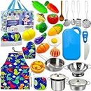 ZOUFRIDN 29Pcs Kids Kitchen Pretend Play Toys Accessories with Stainless Steel Cookware Pots and Pans Set, Cooking Utensils, Apron & Chef Hat, Knife Kitchen Playset Toys Gift for Boys Girls Toddlers