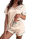 Ekouaer Silk Pajama for Women Short Sleeve Satin Pj Set Two Piece Soft Sleepwear Loungewear Casual Pjs for Summer Champagne XL