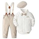 SALNIER Baby Boy Dress Suit Clothes Sets Infant Tuxedo Gentleman Suits Outfits Bowtie Shirt Suspenders Pants Beret Hat 0-24M(L-beige,0-3 Months)