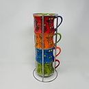 Pier 1 Imports Hand Painted Owl Ceramic Coffee Tea Cups Set of 4 Multicolor Stainless Steel Rack Holder