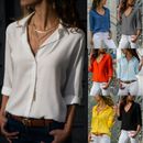 Women's Chiffon Long Sleeve Button Down Shirt Blouse V Neck Tops S-5XL