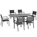 Outsunny 7 Pieces Patio Dining Set for 6, Aluminum Expandable Outdoor Table, Stackable High Back Chair, Mesh Fabric Seats, Dark Gray