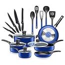 SereneLife Kitchenware Pots & Pans Basic Kitchen Cookware, Black Non-Stick Coating Inside, Heat Resistant Lacquer (20-Piece Set), One Size, Blue