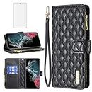 Asuwish Phone Case for Samsung Galaxy S22 Ultra 5G Wallet Cover with Tempered Glass Screen Protector and Leather Flip Credit Card Holder Stand Cell S22ultra 22S S 22 S22ultra5g 6.8 Women Girls Black