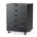 Sweetcrispy 5 Drawer Chest- Dressers Storage Cabinets Wooden Dresser Mobile Cabinet with Wheels Room Organizer Rolling Small Drawers Wood Organization Furniture for Office, Home, Black, ASS-55CCBK