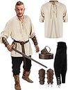 Jiuguva 4 Pcs Halloween Men's Renaissance Costume Set Medieval Pirate Shirt Ankle Banded Pants Viking Belt Accessories (Classic Color,XX-Large)