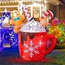 FLATO 6 FT Christmas Inflatable Hot Cocoa Mug Decorations, Inflatables Gingerbread Man Cubes Candy Outdoor Xmas Decor with Built-in White LED Lights for Holiday, Lawn, Party, Garden