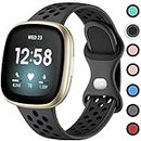 Upeak Sport Strap Compatible with Fitbit Versa 3 Strap/Fitbit Sense Strap for Women Men, Breathable Silicone Double Hole Ring Snap Buckle Double Colour Replacement Band, Large Charcoal/Black