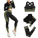 CORPOAMOR Women's Ribbed Seamless Fitness Clothing, Gym Outfit and Yoga Workout Set Jacket, Sports Bra and High Waisted Leggings 3 Piece Set (Black Green, Small)