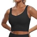 CRZ YOGA Butterluxe Womens V Neck Longline Sports Bra - Padded Workout Crop Tank Top with Built in Bra Black Small