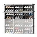JOISCOPE Portable Shoe Rack, Plastic Shoe Storage Organizer, Modular Combination Shelving for Space Saving, Shoe Shelves for High Heels, boots, Slippers (Black Pattern and Clear White,3 * 8-tier)