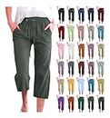 Generic Capri Pants for Women Casual 2024 Summer Drawstring Elastic High Waist Linen Pants Straight Wide Leg Capris Cropped Trouser, Womens Capris for Summer Prime The Day 2024 A01_Army Green,L