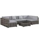 Outsunny 7 Pieces PE Rattan Garden Furniture Set with Thick Padded Cushion, Patio Garden Corner Sofa Sets with Glass Coffee Table and Pillows, Buckle Structure, Grey