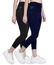 MEGASKA Dry Fit Active Gym Leggings with Pockets for Women, High Waisted Tummy Control Workout Yoga Track Pants (2 Pack Combo)_Black-NavyBlue-L