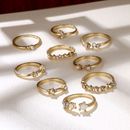 9Pcs Vintage Crystal Star Moon Rings Set Women Boho Finger Ring Fashion Jewelry