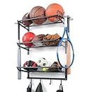XCSOURCE Garage Sports Equipment Storage Rack with 3 Separate Shelf, Ball Rack, Sport Equipment Organizer with 4 Hooks for Badminton Racket, Basketball Rack for Basketball Football Rugby