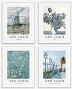 Van Gogh Prints - Famous Painting Set of 4 Blue Paintings Van Gogh Blossom, Flower, Windmill Van Gogh Poster Gift Set of Vincent Van Gogh / Home Decor Gifts / Vintage Room Decor Artist Gifts Painting (8x10)