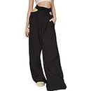 Qtinghua Women's High Waist Hollow-out Drawstring Pants Y2k Ruched Bandage Sweatpants Sexy Streetwear (Black, S)