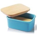 Sweejar Home Porcelain Butter Dish with Lid, Airtight Large Butter Keeper with Wooden Lid, Butter Container Perfect for 2 Sticks of Butter West or East Coast Butter (Steel Blue)