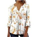 Bohemian Tops for Women Trendy 2023 Sexy Elegant t-Shirt Boho Floral Print 3/4 Bell Sleeve v Neck Shirts Blouse, #04 Orange, Large
