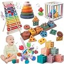 Montessori Toys for 1+ Year Old - Sorting Stacking Baby Toys 6 to 12 Months, Wooden Building Blocks, Xylophone Musical, Infant Teethers Toys & Sensory Cube for Babies, Toy Gifts for Toddlers (6in1)
