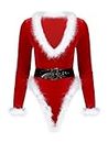 CHICTRY Women's Deep V Neck Velvet Mrs Claus Santa Romper Christmas Bodysuit Outfits with Belts Red M