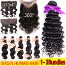Free Part Lace Closure Brazilian 100% Virgin Human Hair 3Bundles/300g Deep Wave