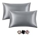 Go Well Satin Silk Pillow Cover for Hair and Skin 2 Piece with 3 Piece Satin Silk Soft Scrunchies| Silk Pillow Covers with Envelope Closure end Design|Silk Pillow Cases(Gray) 600 TC, 600 TC