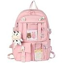 HORHEAR Kawaii Backpack for School, Cute Backpack with Kawaii Accessories Cartoon Brooch Pins and Stuffed Animal Pendant (Style 2-Pink)