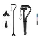 MobiliAid Extra Stable Walking Stick for Men Women, Adjustable Offset Walking Cane, Lightweight Foldable Mobility Aid, Features Freestanding Large Quad Base for Seniors, w/Free Extra Cane Tip (Black)