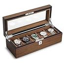QIWODE 5 Grid Wood Watch Box, Watch Storage Case Holder Watch Organizer with Glass Display Lid and Pillow Valentines Day Gifts Birthday Gifts for Men and Women (5 Slot)