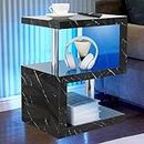 Blisswood High Gloss Bedside Table, Small End Table with Storage Shelf Basket, Led Side Table Small Spaces, Slim Coffee Tables, Nightstand, Sofa Table for Living Room, Bedroom (Black Marble)