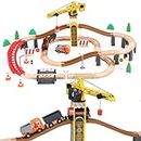 Giant Bean Tower Crane Wooden Train Set, 72pcs Toy Battery Operated Train Track for Boys and Girls 3-7, Fit Thomas The Train, Brio, Melissa & Doug and Train Table