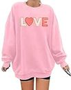 Valentine's Day Sweatshirt Women Glitter Patch Love Heart Long Sleeve Shirt Letter Print Pullover Tops, Pink, Medium