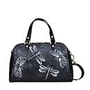 Anuschka Women’s Hand-Painted Genuine Leather Wide Organizer Satchel - Tooled Dragonfly Meadow