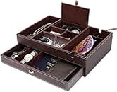 Mens Valet Box，2 Layers Dresser Top Nightstand Organizers, EDC Dump Tray, Catch All Tray, Jewelry Storage Box with Large Charging Station for Jewelry Key Wallet and Phone Brown