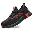 SLIMTA Safety Shoes Men Women Steel Toe Cap Boots Mesh Breathable Lightweight Comfortable Puncture Proof Industrial Factory Work Protective Black Sneakers, S-2092-Red, 46 EU