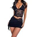 Siyova Women 2 Piece Skirt Sets Sexy Summer Outfits Sheer Lace Flower Cami Tops + Asymmetric Ruched Mini Short Skirt Suits Mini Dresses Party Club (Black, S)