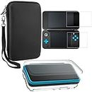AFUNTA Protective Cases Compatible New 2DS XL with Screen Protectors, 1 Crystal Clear Case and 1 EVA Carrying Case for Console, with 2 Pcs Anti-Scratch Tempered Glass Films for Screens