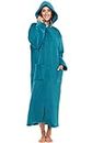Alexander Del Rossa Women's Zip Up Fleece Robe with Hood, Soft Warm Plush Oversized Zipper Hooded Bathrobe Turquoise Medium (A0476ODPMD)