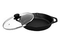 DYNAMIC COOKWARES Round Cast Iron Skillet/Fry Pan with Glass Lid 10 Inch, Even matt Finish Pre-Seasoned, Brown, Black